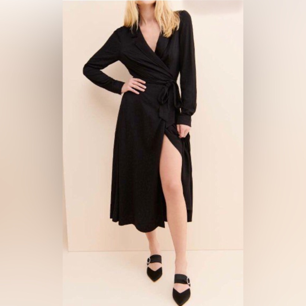 New AFRM Kendra Wrap LS Midi Dress Black Leopard Jacquard XS MSRP $158